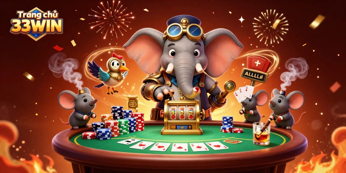 Engage with Trang chủ 33WIN: A dynamic scene featuring a steampunk elephant engineer at a vibrant casino with poker elements.