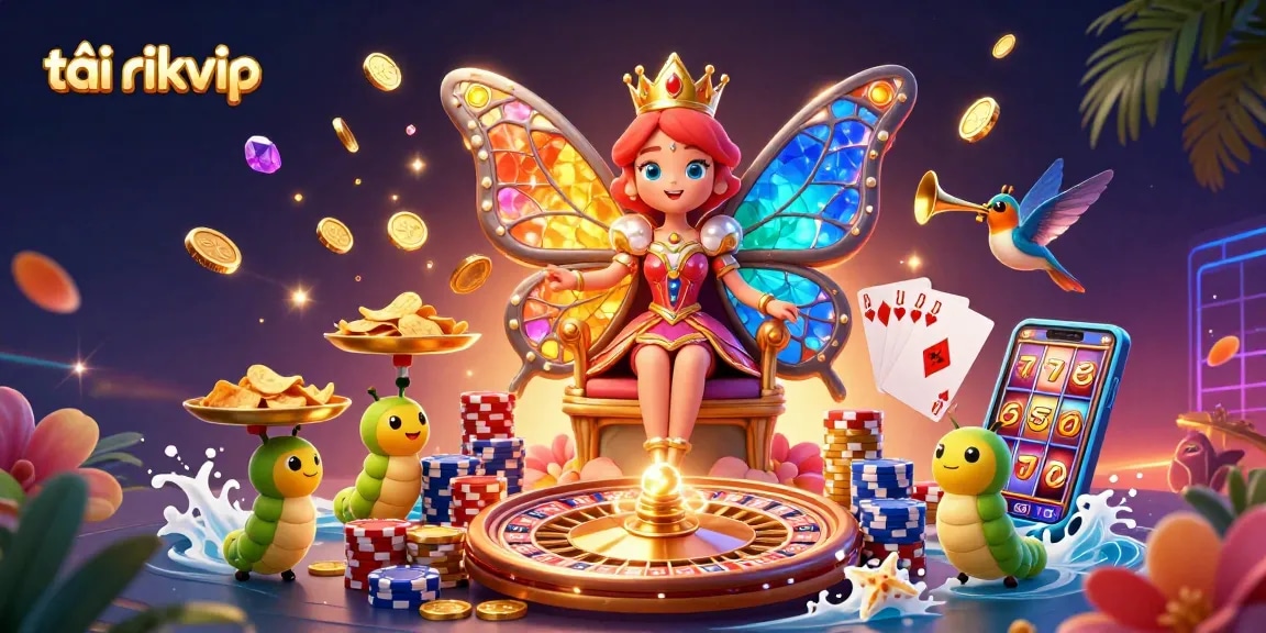 Engage in the thrill of tải rikvip with a vibrant casino scene featuring a butterfly queen, roulette, and slot machines.