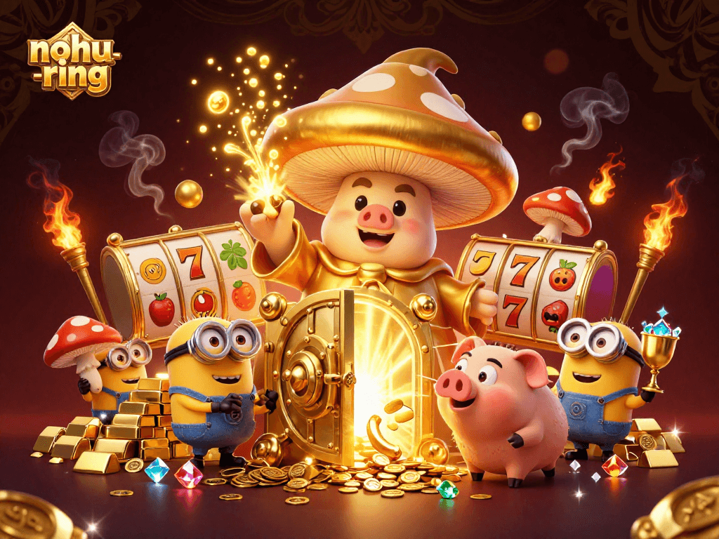 Experience the thrill of nohu-ring with dynamic golden wizard characters amid slot reels and treasures.