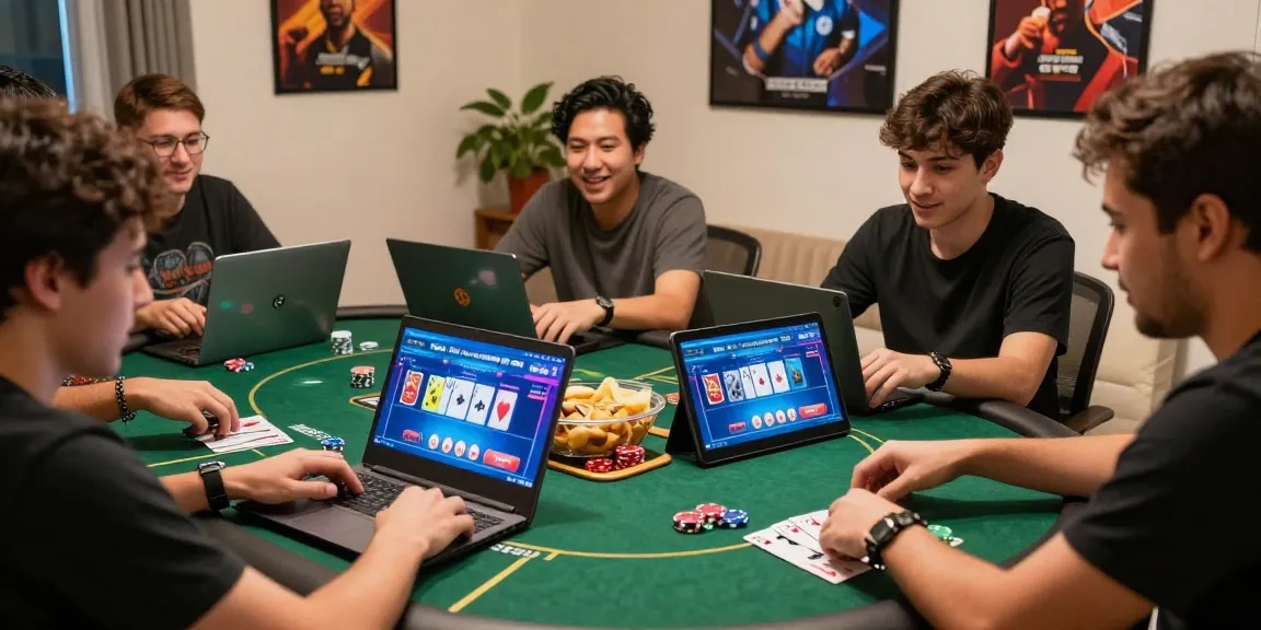 Players enjoying game poker uang asli Dominobet in a vibrant online setup with digital devices and poker graphics