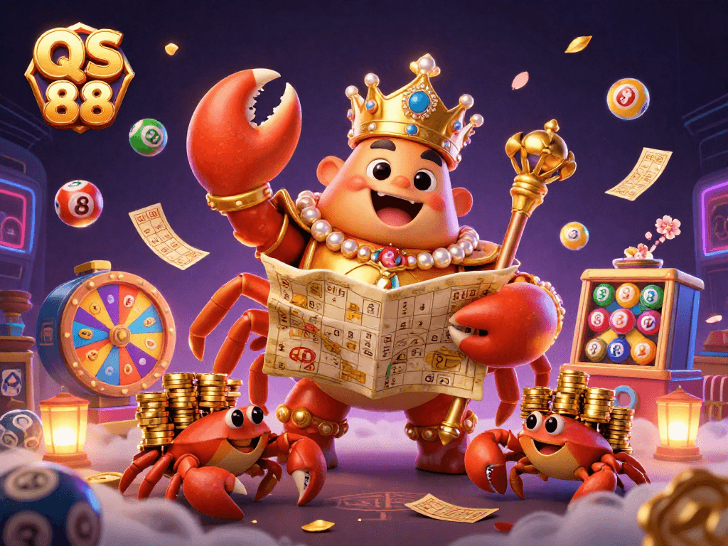 Experience the vibrant gaming atmosphere of QS 88 with a golden crab emperor and lively lottery elements.