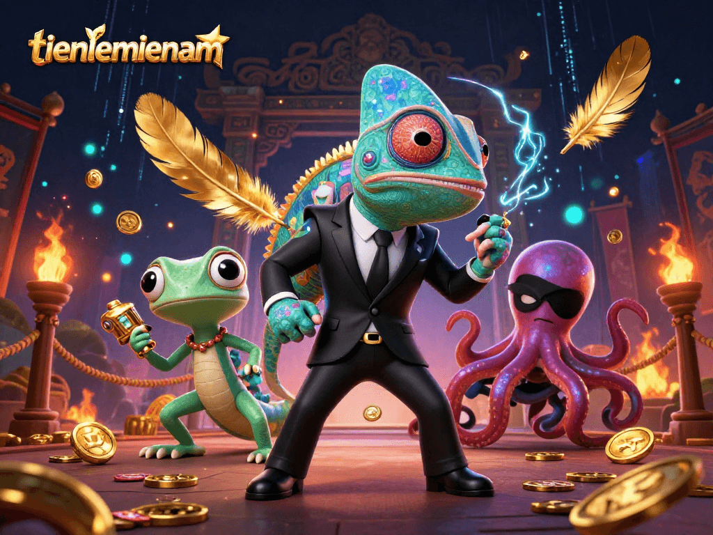 Engage in thrilling gameplay at tienlenmiennam with a 3D illustration of a chameleon agent, gadgets, and an octopus villain.
