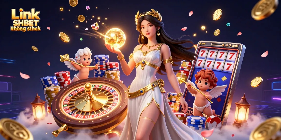 Spin and win with Link SHBET không chặn, featuring dynamic casino elements and lucky symbols.