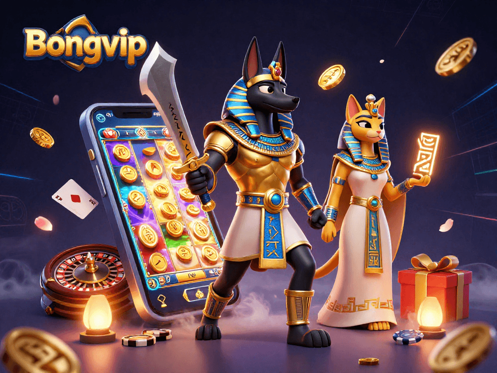 Bongvip players engage with a thrilling casino adventure featuring Anubis and Bastet amid vibrant game elements.