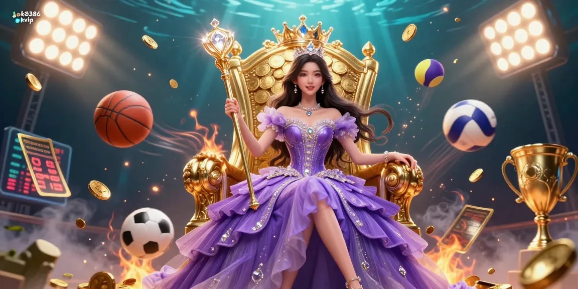 Experience the excitement of ok8386 okvip with a stunning 3D casino-themed illustration featuring dynamic sports elements.