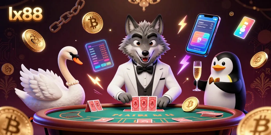 Experience lx88 excitement with vibrant 3D casino characters at baccarat: wolf, swan, and penguin in action.