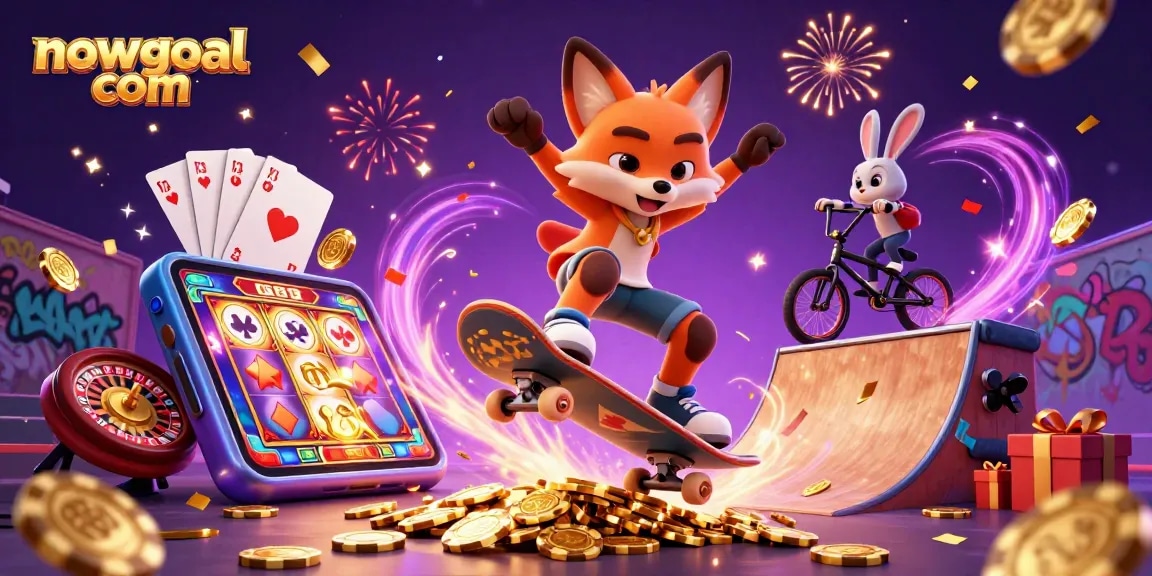 Engage with nowgoal com while exploring a dynamic 3D scene of cartoon characters amidst vibrant casino elements, showcasing excitement.