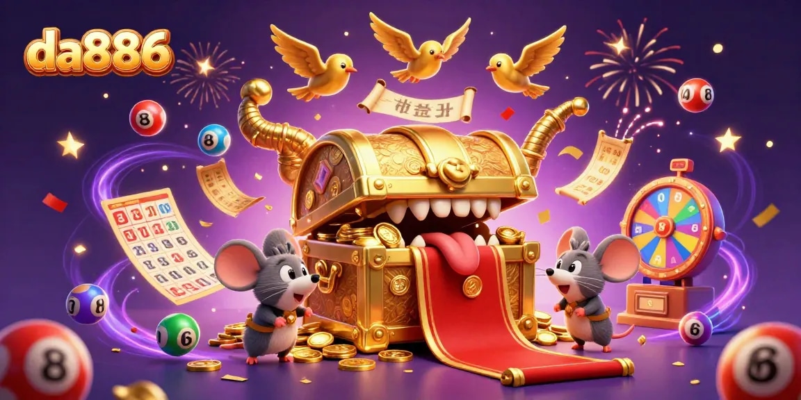 Spin to win at da886 with colorful lottery balls and a magical cash treasure scene.