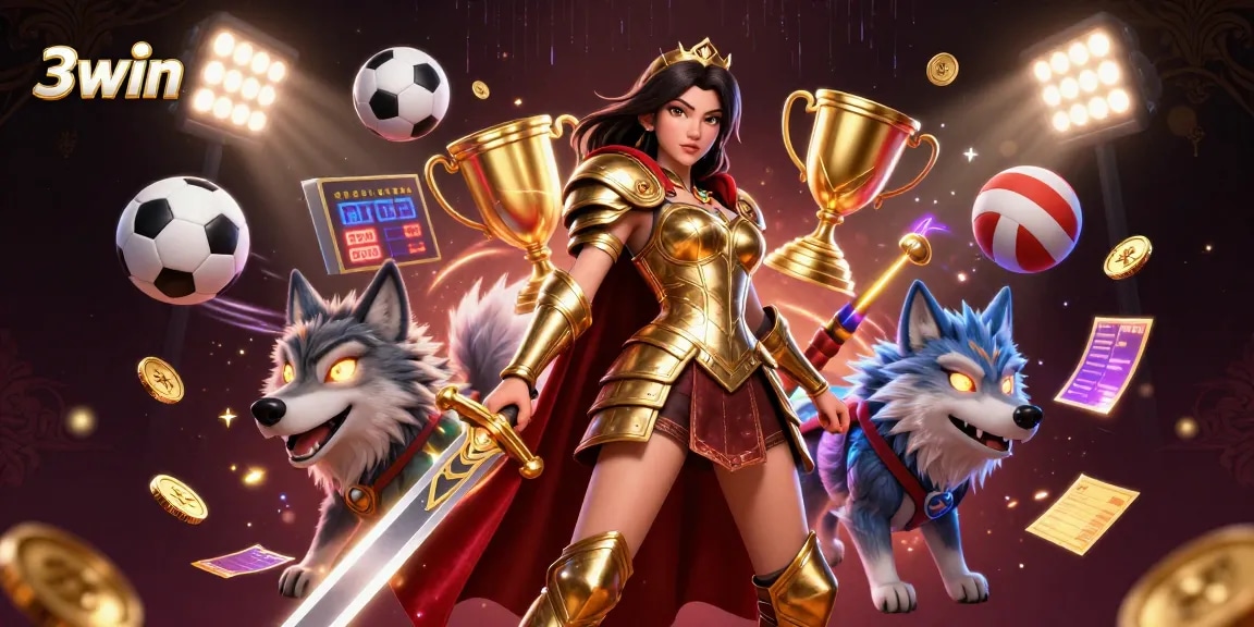 3win slots and sports betting come alive in a vibrant 3D illustration featuring a warrior queen and her glowing wolf companion.