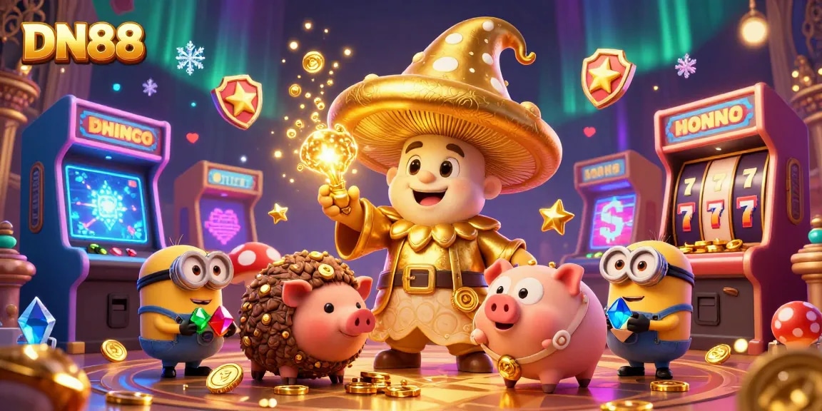 Engage in thrilling gaming at DN88 with a magical golden mushroom wizard in a vibrant 3D casino scene.