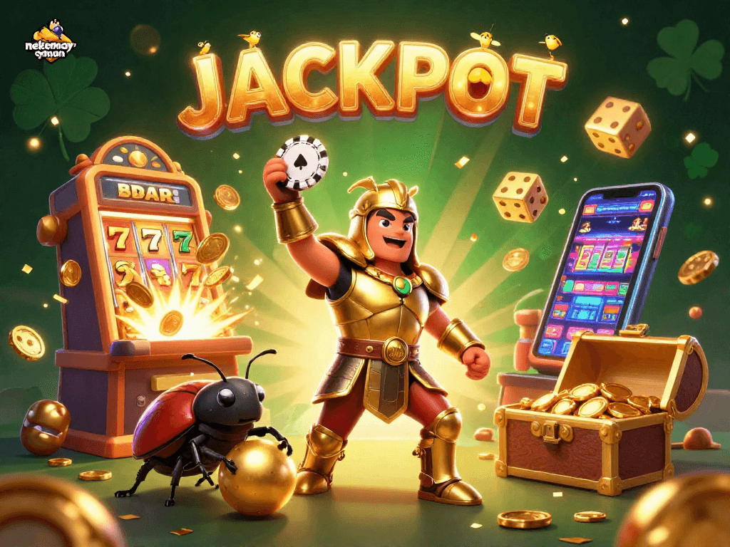 Experience thrilling wins with nekomayman, as cartoon beetles celebrate a jackpot in a vibrant casino scene.