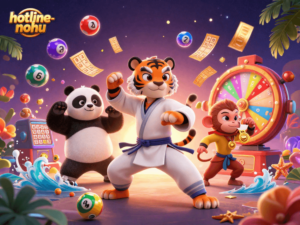 Engage with hotline-nohu in a vibrant scene of a kung fu tiger, panda, and monkey celebrating at a casino