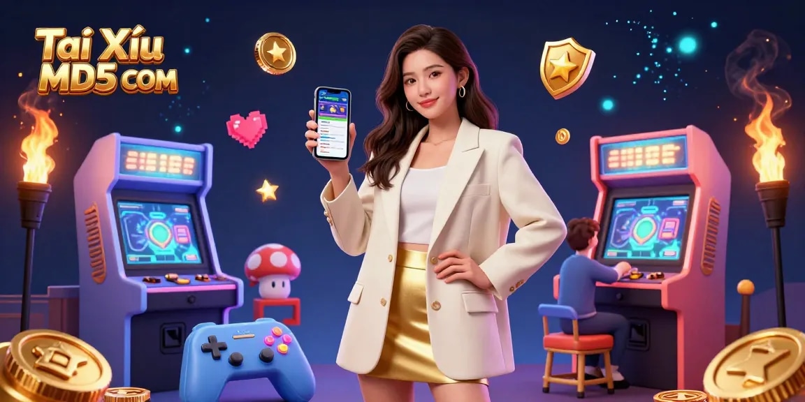 Tài Xỉu MD5 COM showcases a vibrant, engaging scene of online sports betting with an appealing character ready to win.
