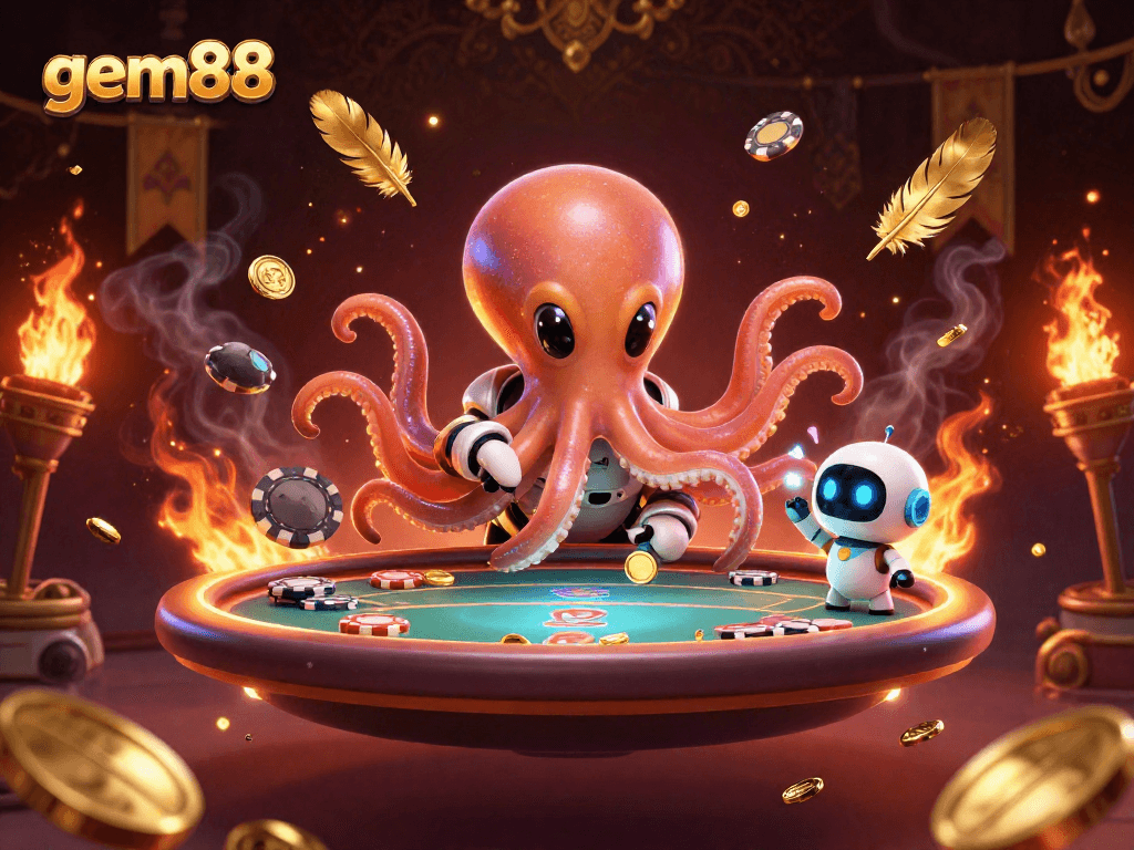 Engage with the vibrant gem88 poker universe featuring an alien octopus and dynamic game elements.
