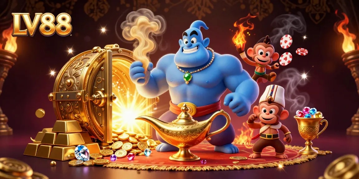 Experience LV88's thrilling atmosphere with a colorful casino scene featuring a genie and poker chips.