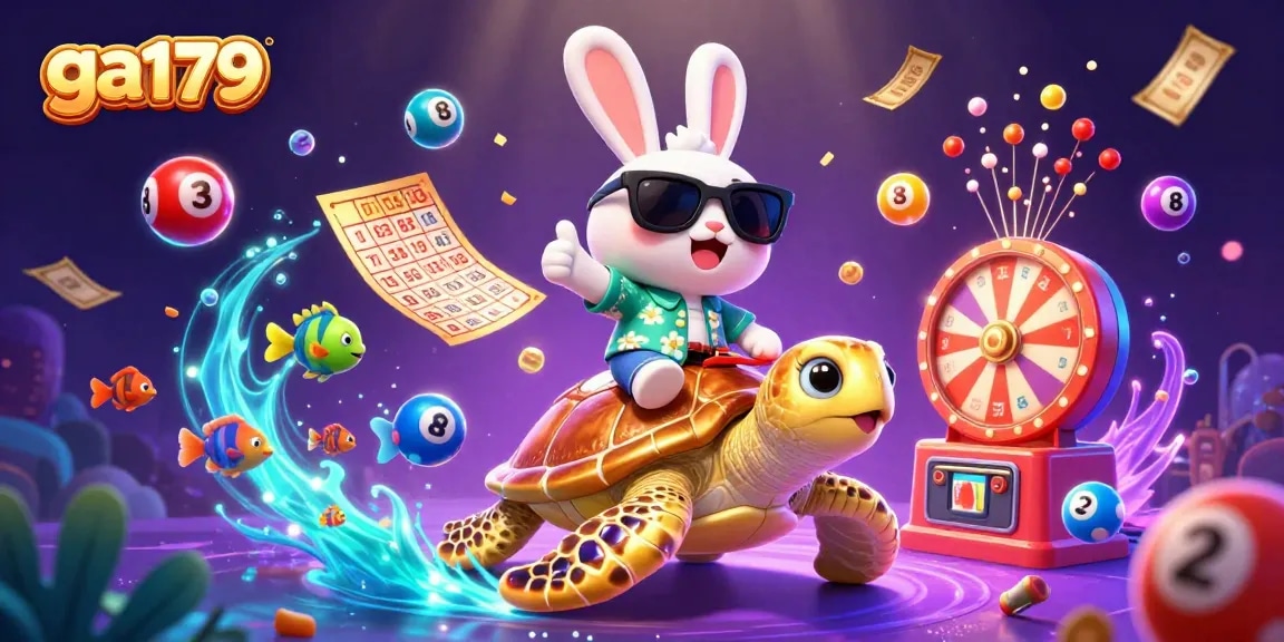 Experience the excitement of ga179 with a lucky rabbit and golden sea turtle amidst vibrant casino elements.