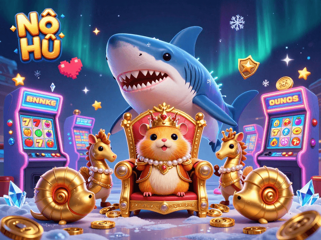Nổ Hũ gaming scene with a fierce golden hamster king on a megalodon throne surrounded by vibrant slot elements.