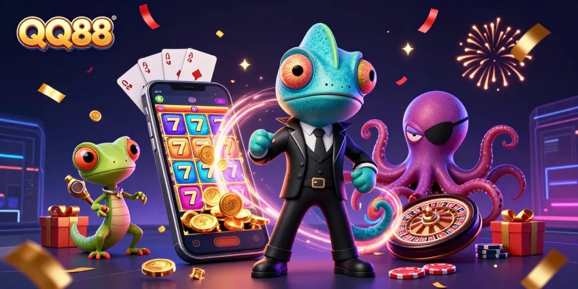 Engage with QQ88's thrilling casino experience featuring colorful slot games and vibrant characters.