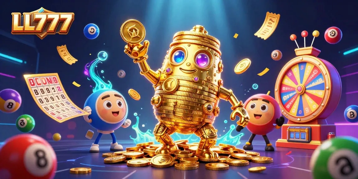 Experience thrilling gameplay with LL777's 3D animated golden golem and vibrant lottery elements.