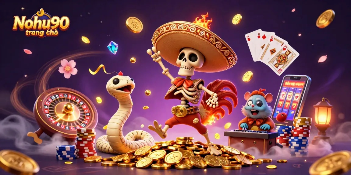 Nohu90 trang chủ showcases a vibrant casino scene with 3D characters, golden coins, and game elements.