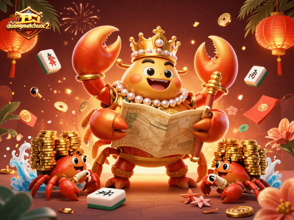 Join the fun at duongmatchuoc2 with a golden crab emperor amidst vibrant casino elements!