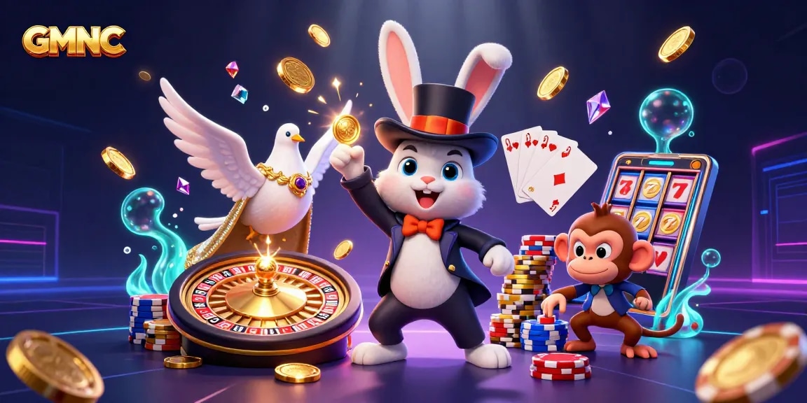 Enhance your gaming experience at GMNC with a magical scene featuring a magician rabbit, doves, and poker chips.