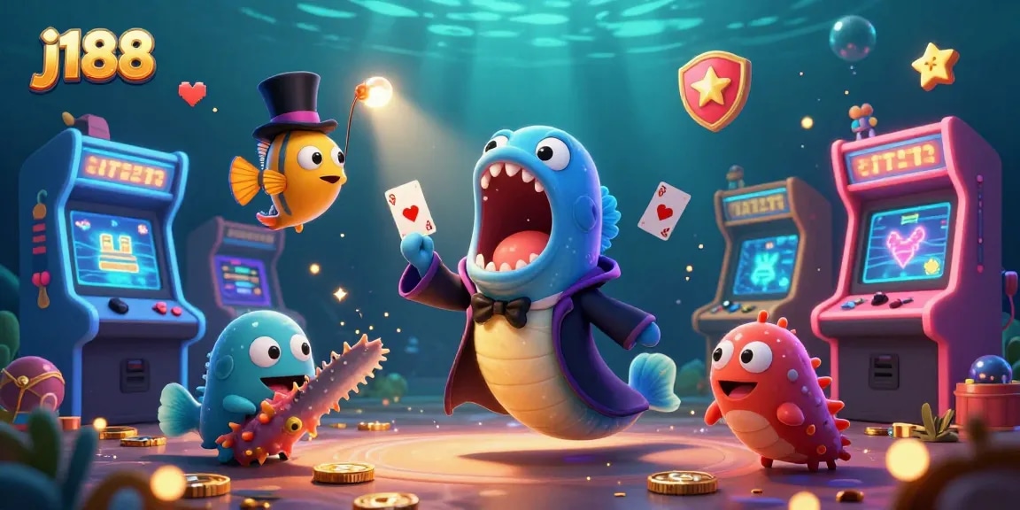 Engage in thrilling card tricks at j188 with a 3D eel magician under vibrant casino elements.