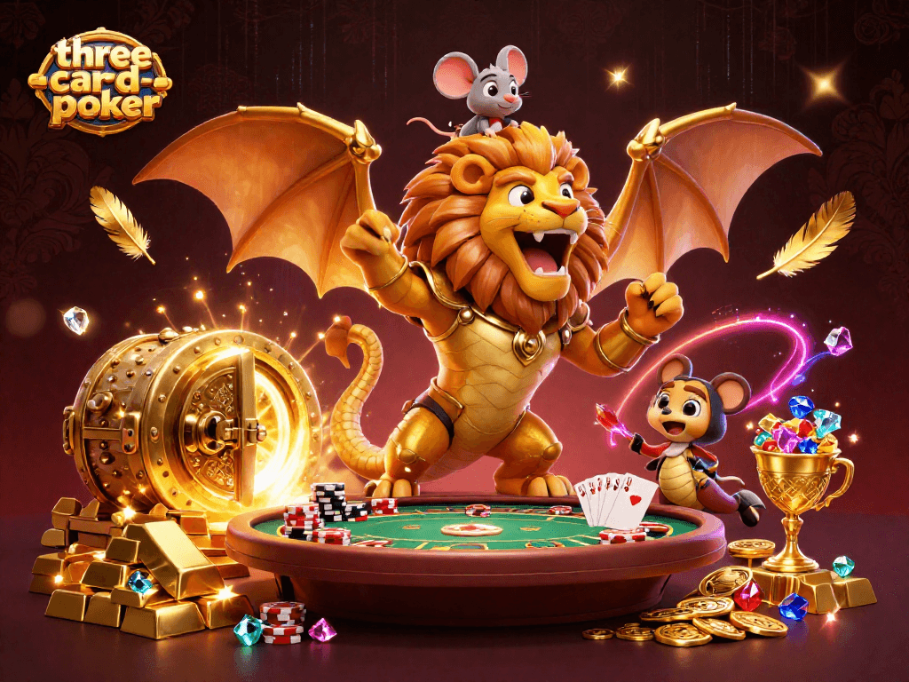 Experience thrilling three-card-poker action with unique characters amid gold and jewels in this vibrant illustration.