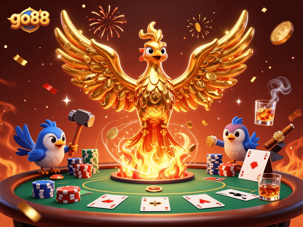 Engage in the thrilling atmosphere of go88 with a phoenix of gold emerging from a poker scene.