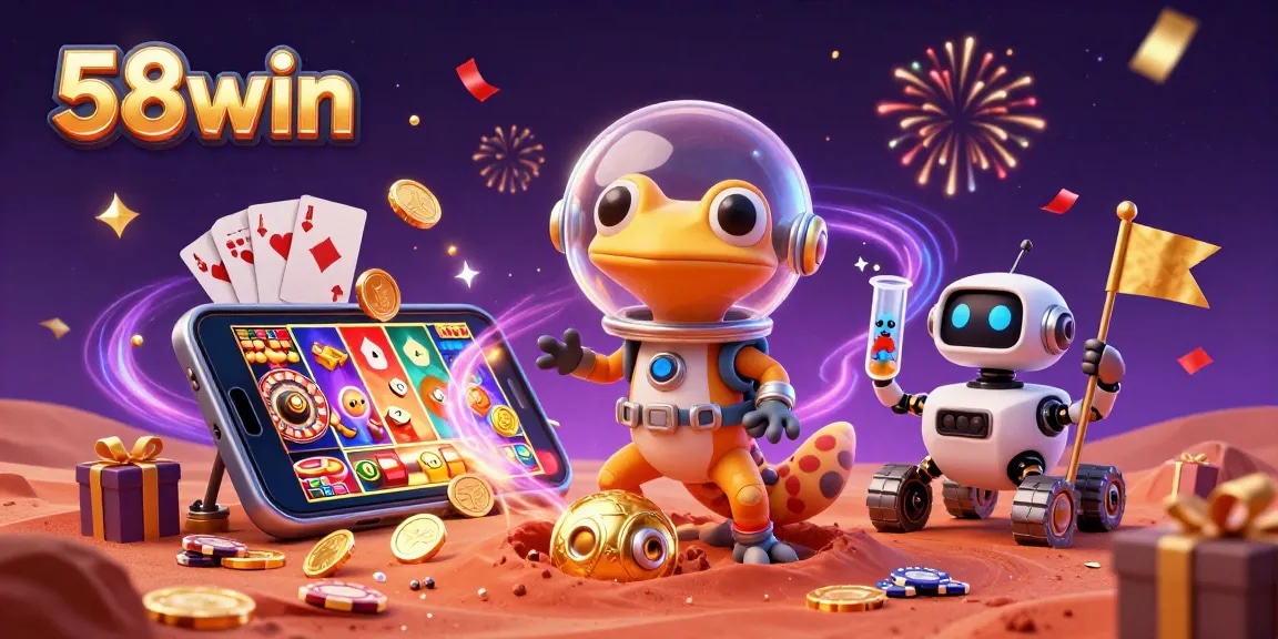 Celebrate with 58win as the Martian gecko discovers a golden casino amidst excitement and vibrant gaming elements.