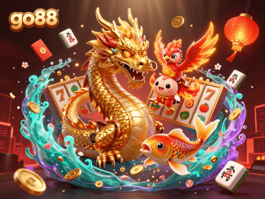 Players enjoy thrilling wins at go88 with captivating 3D dragon, phoenix, and koi fish illustration.
