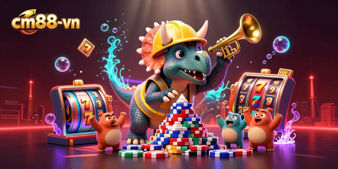 Experience the thrill of cm88-vn with a vibrant 3D casino scene featuring triceratops and slot games.