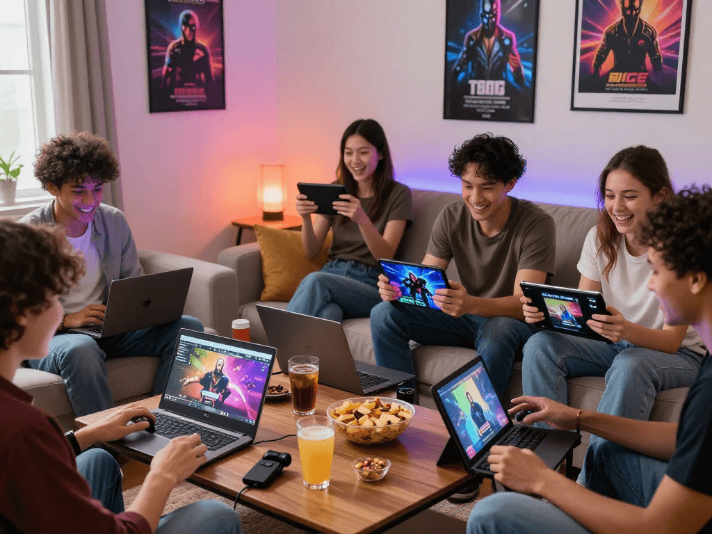 Engaged group playing porn games in a cozy setting with devices and snacks.