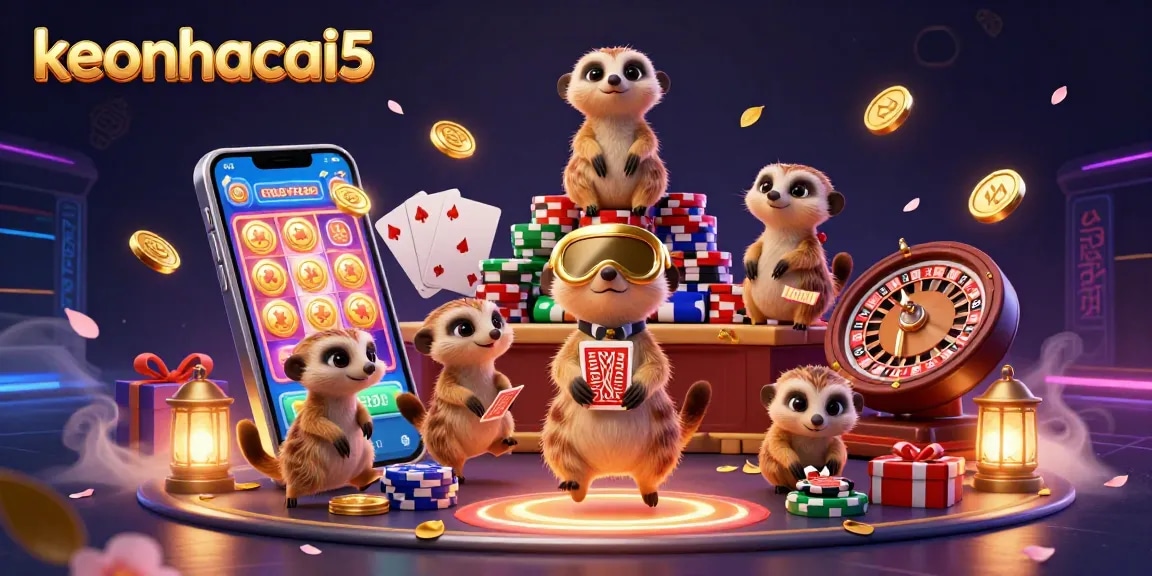 Engage in thrilling casino adventures with keonhacai5's 3D meerkat-themed illustration showcasing vibrant games.
