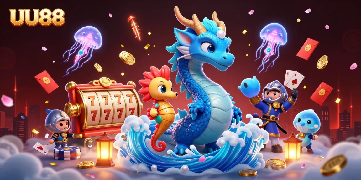 Engage with exciting gaming at UU88 featuring vibrant illustrations of slot machines and energized characters.