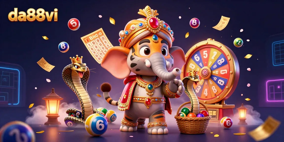 Play engaging casino games at da88vi with a 3D maharaja, prize wheel, and colorful lottery balls.
