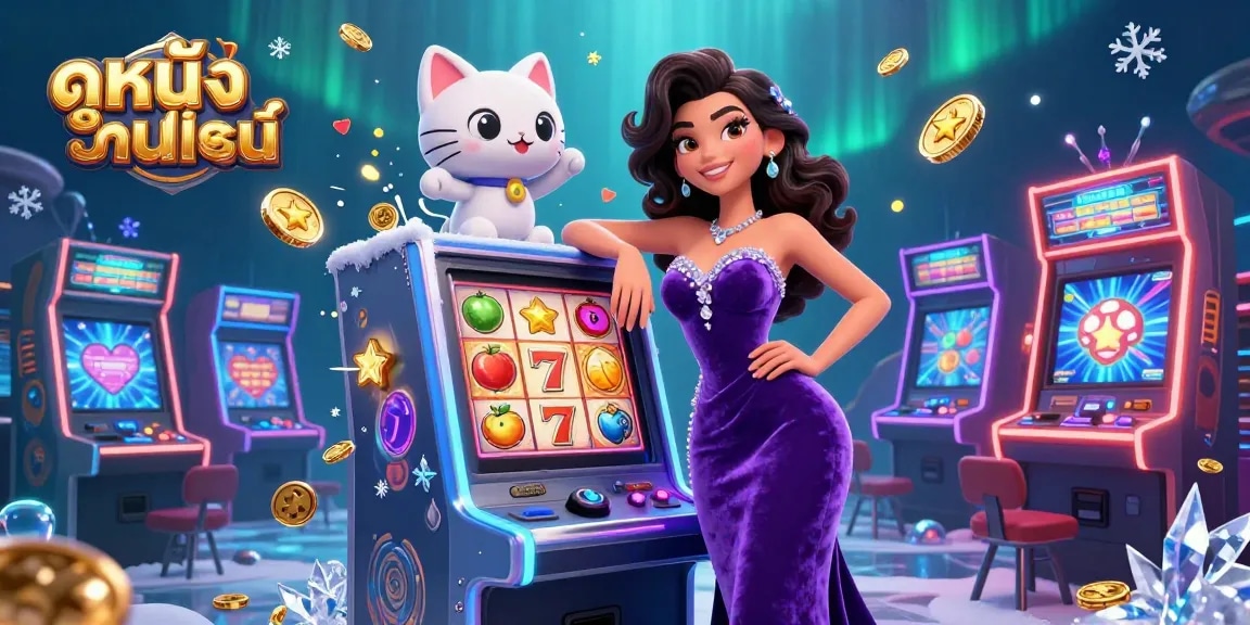 Experience ดูหนังออนไลน์ with thrilling slots and a glamorous jackpot scene featuring playful character interactions.
