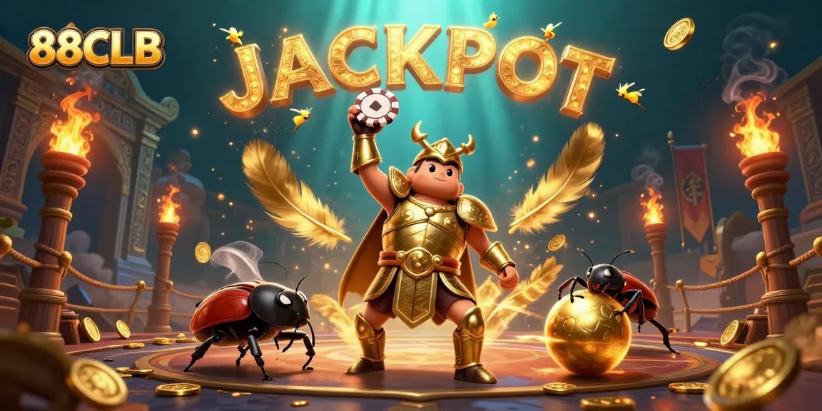 88CLB showcases a heroic beetle celebrating a jackpot victory in a vibrant casino atmosphere.