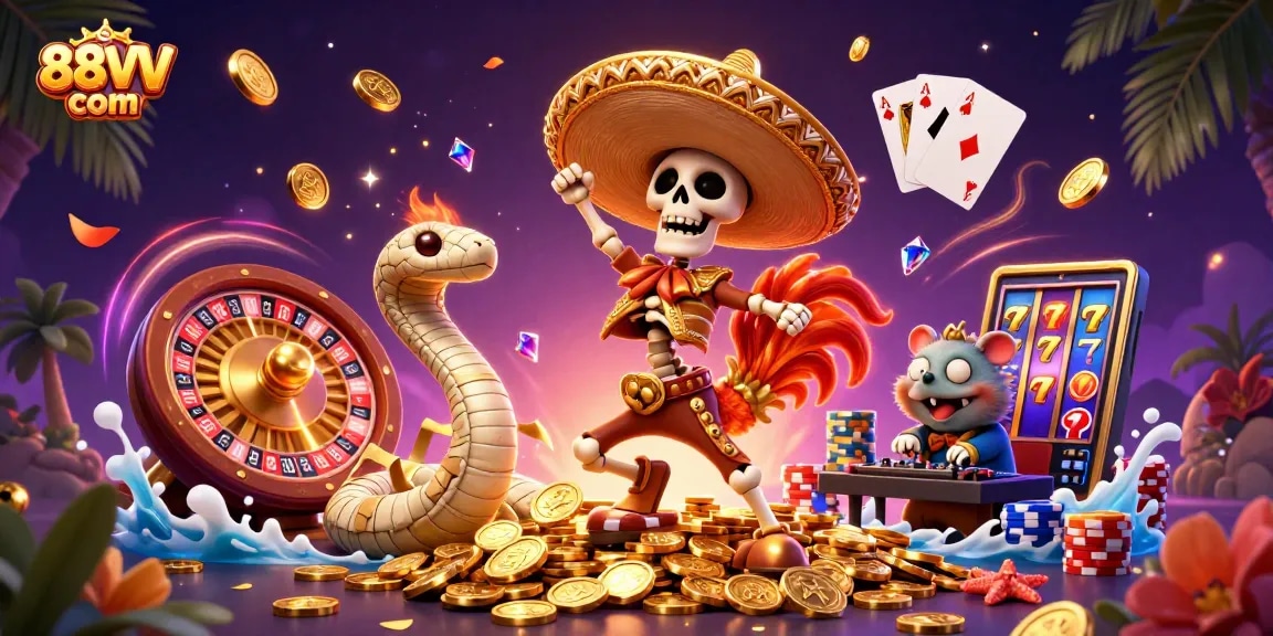 Experience the excitement of 88VV com with this vibrant casino illustration featuring dynamic gaming elements.