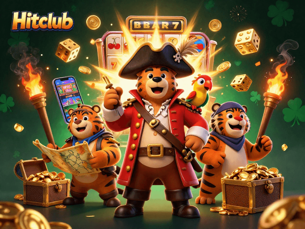 Hitclub offers thrilling slots with a pirate captain bear and vibrant casino elements.