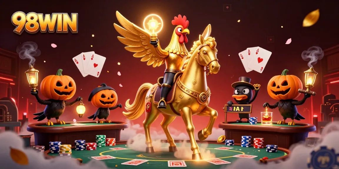 Engage with 98WIN in this thrilling casino scene featuring a golden rooster and rich gaming elements.