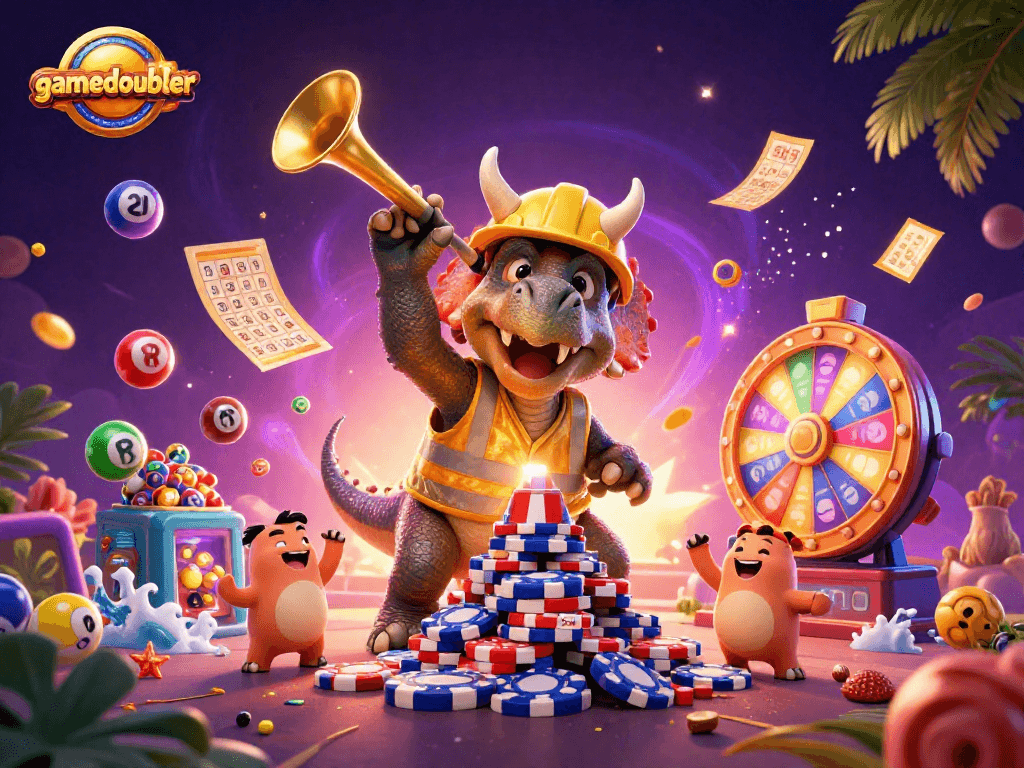Engage with gamedoubler's vibrant 3D illustration showcasing casino excitement with colorful winning elements.