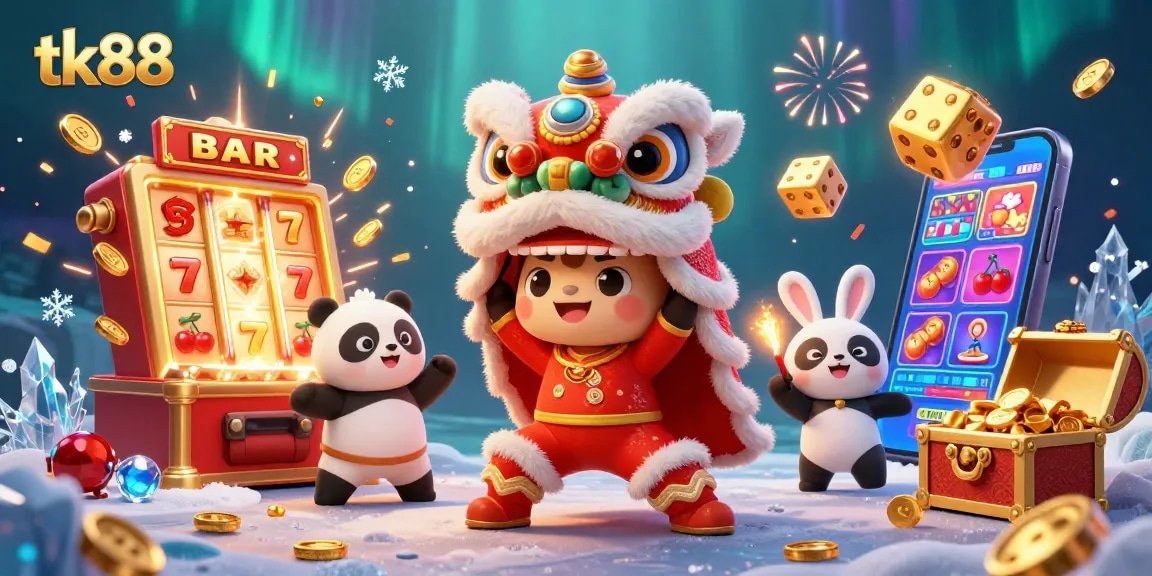 Engage with tk88's vibrant casino atmosphere showcasing lion dance characters and jackpot excitement.
