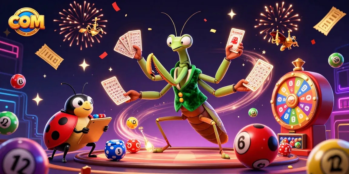 Engage with immersive casino fun at com, featuring a lively scene with characters dealing cards and lottery balls.