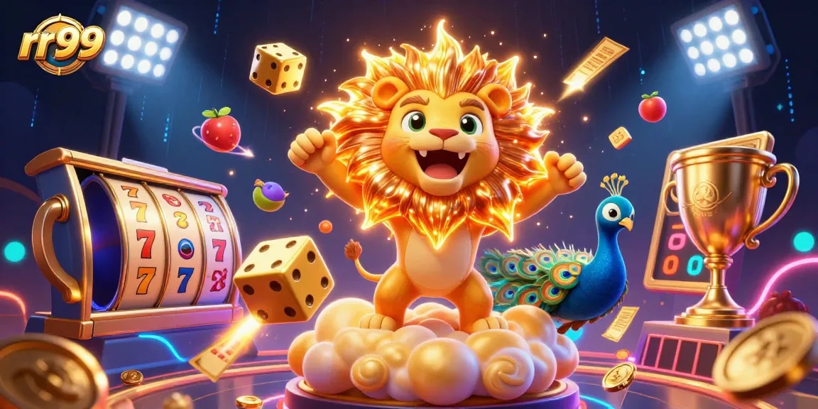 Experience the vibrant energy of rr99 with slot reels, a roaring lion, and golden dice.