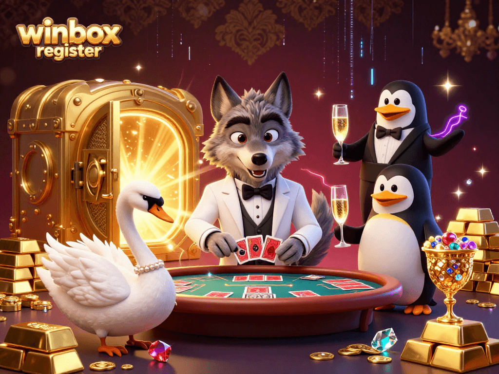 Experience the excitement of winbox register with a lively 3D casino scene showcasing a debonair wolf, elegant swan, and penguin sommelier surrounded by treasures.