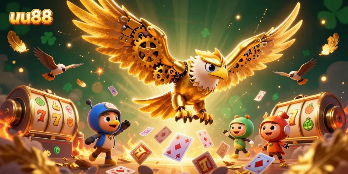 Experience the thrill of gaming at uu88 with a dynamic 3D illustration featuring a cybernetic eagle amidst vibrant casino elements.
