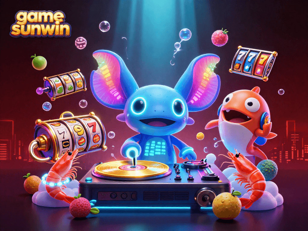 Experience the thrill of game sunwin with vibrant slot elements and lively characters in a neon underwater scene.