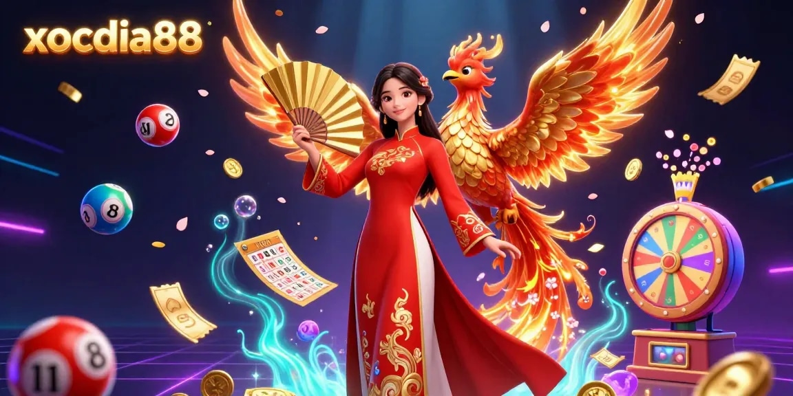 Xocdia88 brings excitement with a woman in Vietnamese ao dai and a phoenix in an engaging casino scene.
