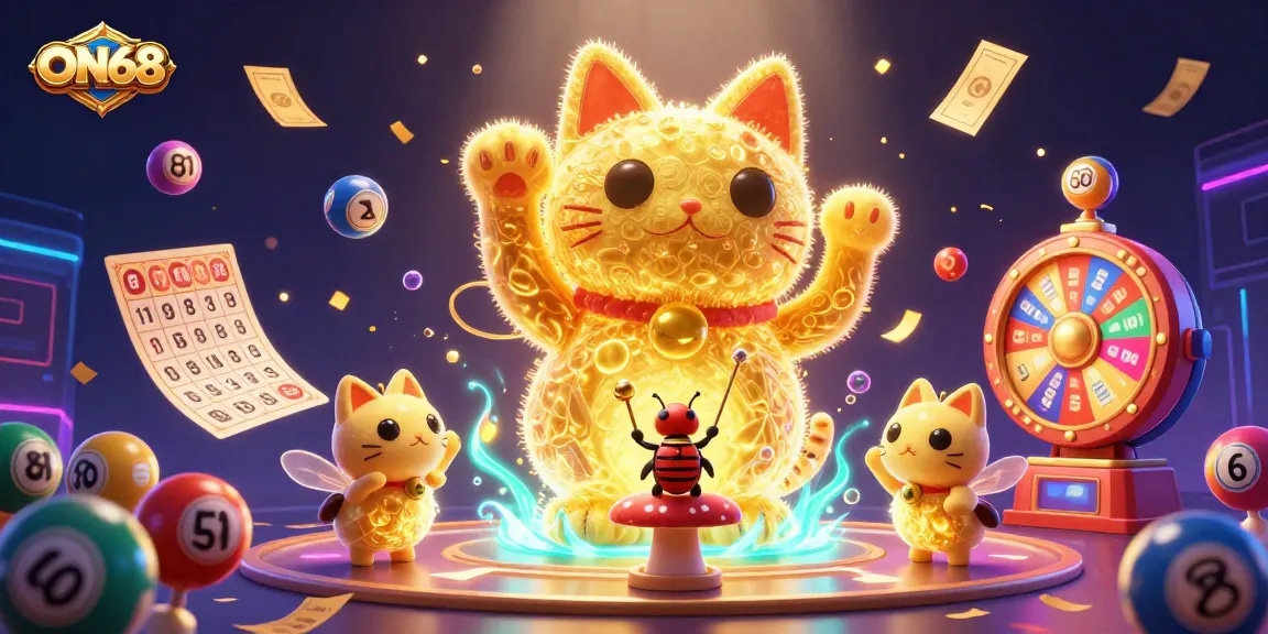 Win big with ON68's vibrant 3D lucky cat and dynamic casino symbols in this engaging illustration.